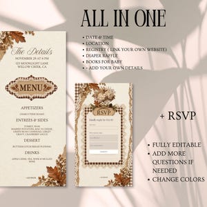 May include: A digital invitation set featuring a menu card and an RSVP card with a beige background, brown gingham borders, and autumn leaf accents. The text includes 'ALL IN ONE', 'The Details', 'MENU', and 'RSVP' with editable fields for event info.