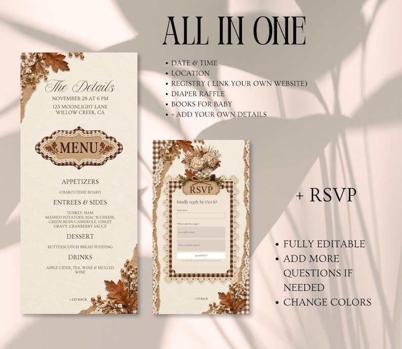 May include: A digital invitation set featuring a menu card and an RSVP card with a beige background, brown gingham borders, and autumn leaf accents. The text includes 'ALL IN ONE', 'The Details', 'MENU', and 'RSVP' with editable fields for event info.