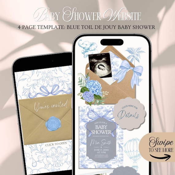 Blue Toil Safari Baby Shower Website Invitation Template: Toil De Jouy Theme With Rsvp (Editable in Canva)
