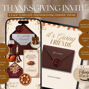 Pode incluir: Um modelo de convite digital de Ação de Graças com tema de Friendsgiving. O design mostra um smartphone e um tablet com gráficos de taça de vinho, abóbora, vela, torta e envelopes marrons com selos de cera. O texto inclui "it's Giving FRIENDS" e "JOIN US FOR FRIENDSGIVING DINNER."