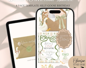 One Silly Goose Birthday Website Invitation Template: Gingham Theme With Rsvp  (Editable in Canva)