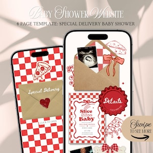 Puede incluir: Una pantalla de teléfono móvil muestra una plantilla de sitio web para un baby shower con temática de pizza. El diseño incluye porciones de pizza, un patrón de cuadros rojos y blancos y el texto "Slice Slice Baby".