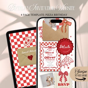Pode incluir: Modelo de site de convite de aniversário digital com tema de pizza. O design apresenta um padrão xadrez vermelho e branco, gráficos de fatia de pizza e o texto "Slice of Fun Oliver is turning one!". O convite inclui detalhes e uma seção RSVP.