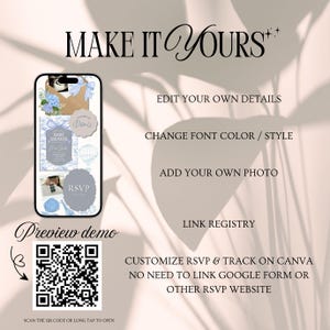 May include: A smartphone displays a baby shower invitation design with blue floral and ribbon accents. The image includes the text "MAKE IT YOURS", "EDIT YOUR OWN DETAILS", and a QR code for a demo.