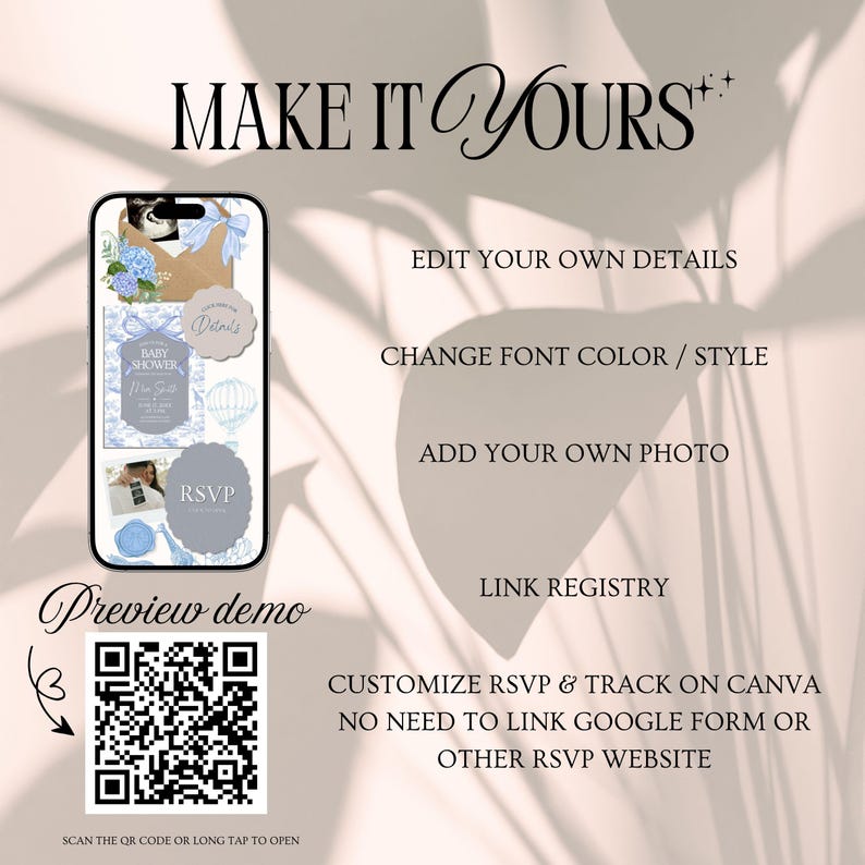 May include: A smartphone displays a baby shower invitation design with blue floral and ribbon accents. The image includes the text "MAKE IT YOURS", "EDIT YOUR OWN DETAILS", and a QR code for a demo.