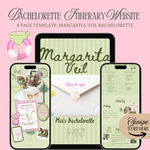 May include: A digital bachelorette itinerary website template, featuring a margarita theme. The design includes a tablet and two smartphones displaying the website's pages. The text includes "Margarita Veil" and "Mia's Bachelorette".