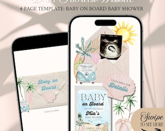 Baby On Board Baby Shower Website Invitation Template: Little Surfer Beach Theme With Rsvp Tracking (Canva Template)