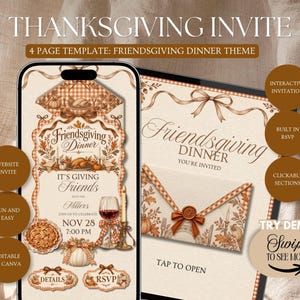 May include: A digital Friendsgiving dinner invitation template displayed on a smartphone and tablet screen. The design features a warm beige and orange color palette with illustrations of pumpkins, a roasted turkey, a wine glass, and a candle.