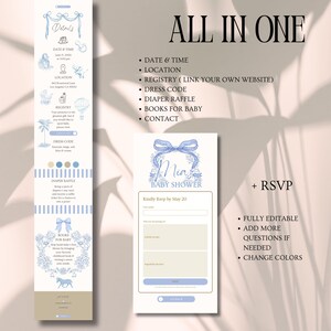 May include: A baby shower invitation design with a vertical layout featuring details and a matching RSVP card. The design includes blue floral accents and the text "ALL IN ONE". The RSVP card has fields for name, attendance, and regrets.