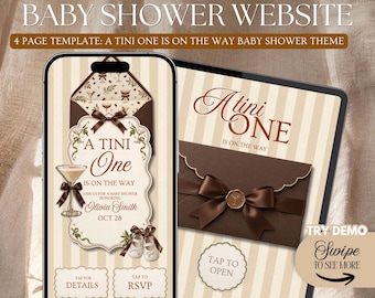 A Tini One Is On The Way Baby Shower Invitation Website Template: Espresso Brown Martini theme With Rsvp, Envelope Reveal(Canva)