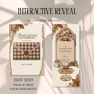 May include: An interactive digital Thanksgiving invitation template featuring a brown and white checkered envelope with a wax seal on the left and an open invitation card with autumn leaves, pumpkins, and text on the right. Includes text fields.