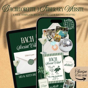 Puede incluir: Maqueta digital de una plantilla de sitio web para despedida de soltera en una tableta y un teléfono inteligente. El diseño presenta un fondo verde oscuro con texto e ilustraciones en blanco, incluyendo copas de martini, una bola de discoteca y un sobre. El texto incluye "BACH Social Club".