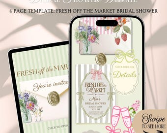 Modèle d'invitation de site Web Fresh Off The Market pour une douche nuptiale : thème floral du marché fermier avec suivi de la réponse (modifiable dans Canva)