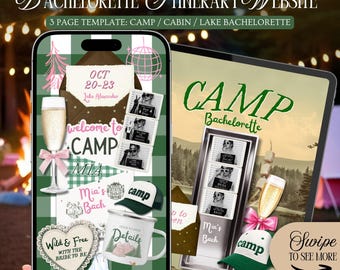 Camp Bachelorette Website Itinerary Template: Last Trail Before The Veil Cabin Mountain Lake Girls Trip Site (Canva Template)