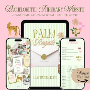 Könnte beinhalten: Eine digitale Website-Vorlage für einen Junggesellinnenabschied, mit einem rosa und grünen Farbschema. Das Design enthält den Text "Palm Royale" und "Mia's Bachelorette". Die Vorlage wird auf einem Tablet und zwei Smartphones mit einer Geparden-Illustration angezeigt.