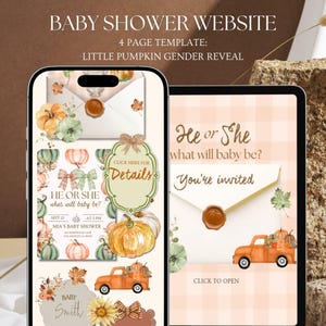 May include: A digital 4-page baby shower website template featuring a little pumpkin gender reveal theme. The design includes watercolor pumpkins, trucks, envelopes with wax seals, and text reading "He or She what will baby be?" and "Details."