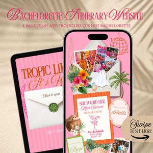 May include: A pink digital template for a bachelorette itinerary website, featuring the text "Tropic Like It's Hot Bachelorette." The design includes tropical elements like palm trees, flowers, and a cocktail illustration. The template is displayed on a tablet and a smartphone.