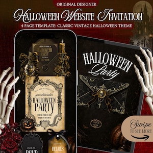 May include: A digital 4-page Halloween website invitation template featuring a vintage theme with dark backgrounds, ornate gold frames, a black envelope with a skull wax seal, a disco ball, a candle, and text including Halloween Party.