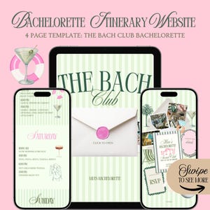 Op de afbeelding: Een digitale sjabloon voor een website met een vrijgezellenfeestroute die wordt weergegeven op een tablet en twee smartphones. Het ontwerp heeft een roze en groen kleurenschema met de tekst "The Bach Club" en "Mia's Bachelorette". De sjabloon bevat RSVP- en reisdetails.