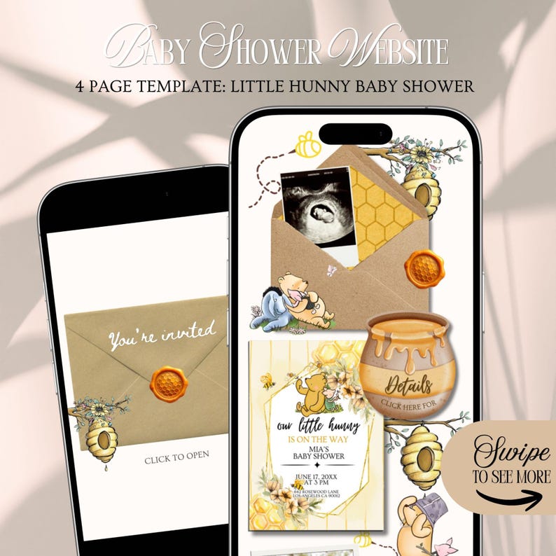 May include: A baby shower website template is shown on a mobile phone screen. The design incorporates a honeybee theme with illustrations of Winnie the Pooh characters, honey pots, and honeycomb patterns. The text includes "Baby Shower Website" and "Little Hunny Baby Shower".
