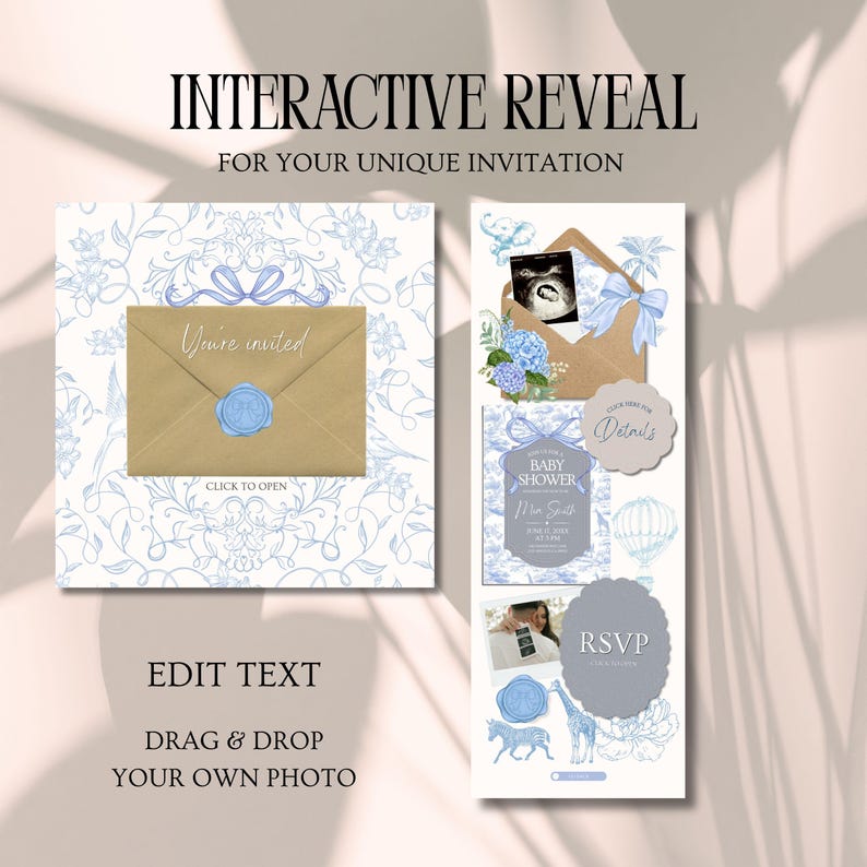 May include: An interactive invitation design with the text "Interactive Reveal" and "For Your Unique Invitation." The design includes a brown envelope with a blue wax seal, and a baby shower invitation with the text "Baby Shower."