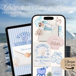 May include: A digital design for a bachelorette itinerary website, with a seashell and wedding bell theme. The design is shown on a tablet and a smartphone, with a beach background. The text includes "Seashells and Wedding Bells".