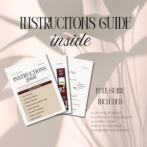 May include: A guide titled "INSTRUCTIONS guide" with a table of contents and the text "FULL GUIDE INCLUDED". The guide includes topics like getting started, editing your template, adding links, and designer tips.