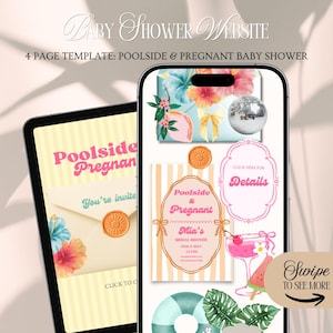May include: A digital baby shower website template displayed on a tablet and smartphone. The design features a poolside and pregnant theme with floral and tropical elements, including the text "Poolside & Pregnant".