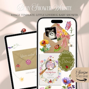 Op de afbeelding: Een digitaal website-sjabloon voor een babyshower op een tablet en telefoon. Het thema is "Little Lovebug" met illustraties van lieveheersbeestjes, bloemen en vlinders. De telefoon toont een uitnodiging met details en een vergrootglas.