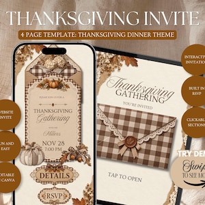 May include: A digital Thanksgiving invitation template displayed on a smartphone and tablet screen. The design features a brown and white gingham envelope, autumn leaves, pumpkins, and text reading Thanksgiving Gathering, Nov 28, 7:00 PM, Details, and RSVP.