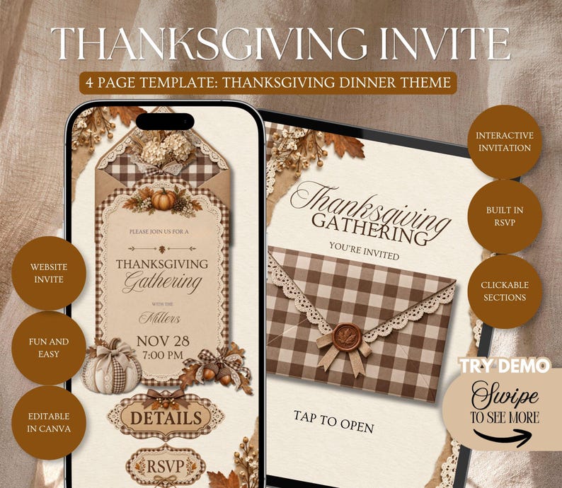 May include: A digital Thanksgiving invitation template displayed on a smartphone and tablet screen. The design features a brown and white gingham envelope, autumn leaves, pumpkins, and text reading Thanksgiving Gathering, Nov 28, 7:00 PM, Details, and RSVP.