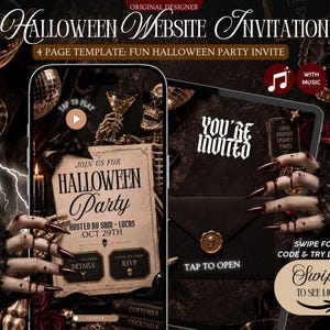May include: A digital Halloween website invitation template featuring a dark, gothic aesthetic. The screen displays a party invite with text reading JOIN US FOR HALLOWEEN PARTY HOSTED BY SAM + LUCAS OCT 29TH, alongside interactive buttons for details and RSVP.