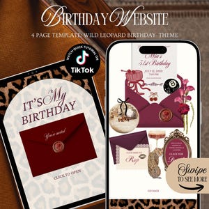May include: A digital 4-page birthday website template featuring a wild leopard theme. The display shows invitation designs with text including "It's My Birthday," "Mia's 31st Birthday," and "Click to Open." Graphics include a disco ball, leopard, and envelopes.