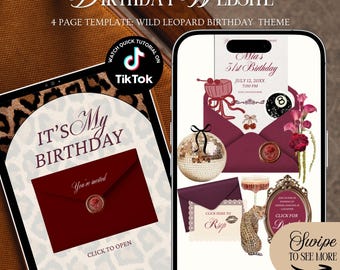 Modèle d'invitation de site Web d'anniversaire léopard : thème cerise sauvage imprimé guépard avec suivi de réponse (modèle canva)