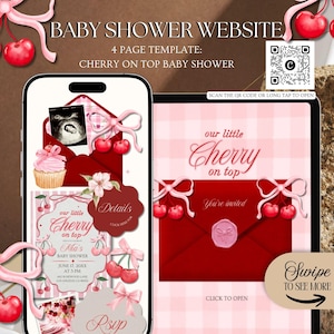 Peut inclure: Un modèle de site web pour baby shower sur le thème des cerises avec des enveloppes rouges, des rubans roses et des cupcakes. Le design inclut du texte comme 'Baby Shower Website', 'Cherry on top', 'You're invited' et 'RSVP' sur smartphone et tablette.