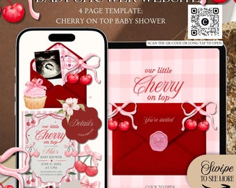 Our Little Cherry On Top Baby Shower Website Invitation Template: Whimsical Coquette Bow Theme With Rsvp Tracking (Canva Template)