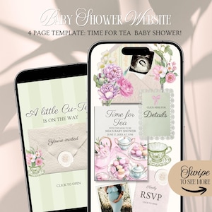 Può includere: Un modello di sito web per baby shower visualizzato su due smartphone. Il design presenta elementi floreali, tazze da tè e il testo "Time for Tea". Uno schermo recita "A little Cu-Te is on the way". L'altro dice "Swipe to see more".