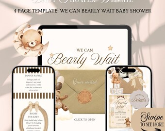 We Can Bearly Wait Baby Shower Website Invitation Template: Neutral Teddy Bear Theme (Editable in Canva)