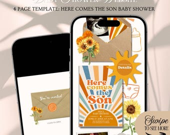 Here Comes The Son Baby Shower Website Invitation Template: Boy Summer Sun Theme With Rsvp Tracking (Canva Template)