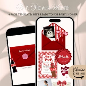 Könnte beinhalten: Zwei Smartphones, die eine Babyparty-Website-Vorlage anzeigen. Das Design zeigt rote Umschläge, eine Cola-Flaschen-Grafik und den Text "She's Ready to Pop". Ein Telefon zeigt "You're invited" und das andere Details und ein Ultraschallbild.