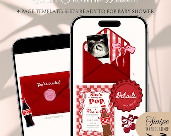 She's Ready To Pop Baby Shower Website Invitation Template: Red Soda Theme ( Editable in Canva)