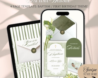 Baptism Website Invitation Template: Green Gender Neutral Baptism & First Birthday Theme With Rsvp Tracking (Canva Template)