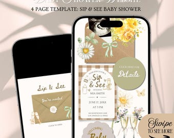 Sip & See Baby Shower Website Invitation Template: Gender Neutral Theme With Rsvp Tracking (Editable in Canva)