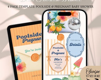 Modèle d'invitation de site Web pour garçon au bord de la piscine et baby shower enceinte : thème de fête d'été à la piscine avec suivi de réponse (modifiable dans Canva)