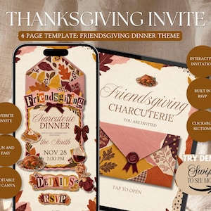 May include: A digital 4-page Thanksgiving invitation template for a Friendsgiving charcuterie dinner. The design features autumn leaves, a wax-sealed envelope, a roasted turkey, and wine. Text includes THANKSGIVING INVITE, Friendsgiving, and RSVP.