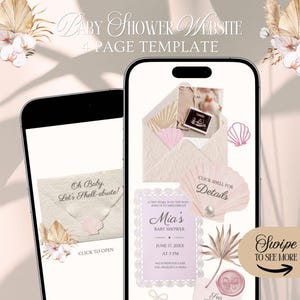 Może przedstawiać: Makieta szablonu strony internetowej na baby shower na dwóch smartfonach. Projekt charakteryzuje się miękką, neutralną paletą kolorów z kwiatowymi i muszlowymi akcentami. Tekst zawiera "Baby Shower Website 4 Page Template" i szczegóły baby shower.