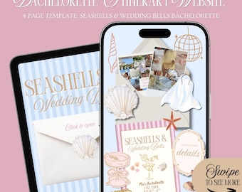 Modelo de site para despedida de solteira com tema de conchas e sinos de casamento: Roteiro de viagem entre amigas para o litoral com confirmação de presença (modelo Canva)