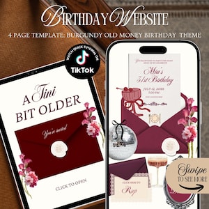 Peut inclure: Modèle de site web d'anniversaire numérique avec un thème bordeaux et "vieille argent". La conception comprend une tablette et un smartphone affichant des maquettes d'invitations. Le texte comprend "A Tini Bit Older" et "Mia's 51st Birthday".