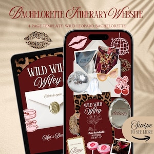 May include: A digital design for a bachelorette party website, with a leopard print theme. The design includes the text "Bachelorette Itinerary Website" and "Wild Wild Wifey". The design also includes a disco ball, sunglasses, and a cocktail.