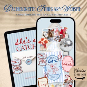 She's A Catch Bachelorette Website Template: Coastal Crawfish Theme Girls Trip Itinerary With Rsvp Tracking (Canva Template)